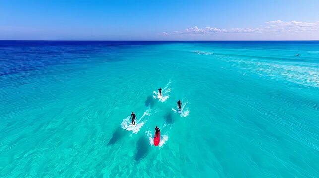 A group of people riding surfboards on top of a body of water