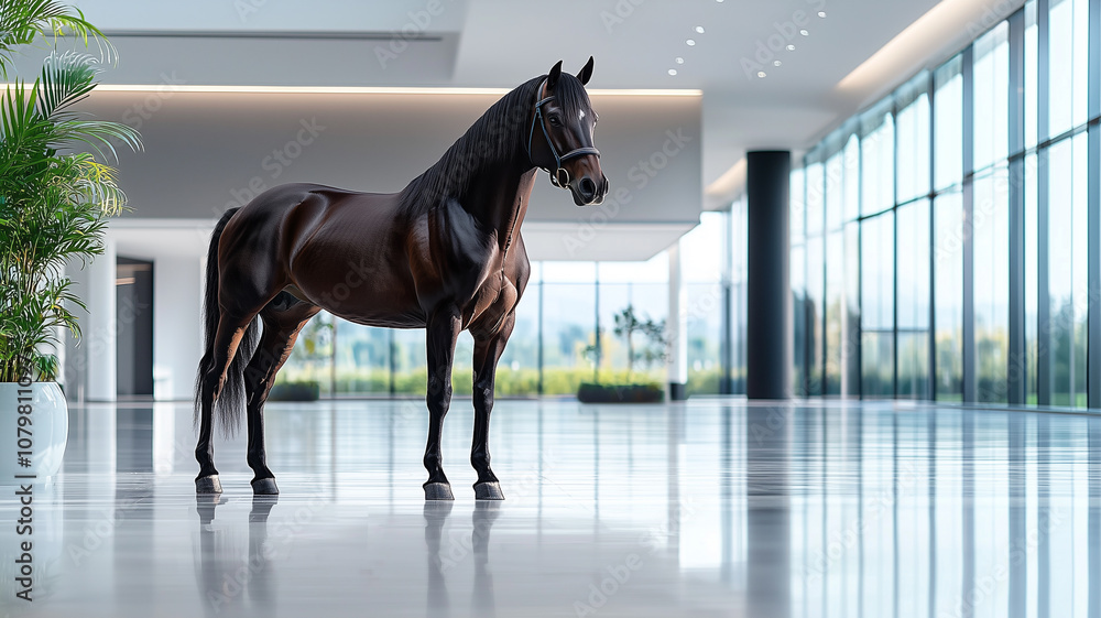 Poster majestic horse stands gracefully in modern office setting, surrounded by sleek architecture and larg