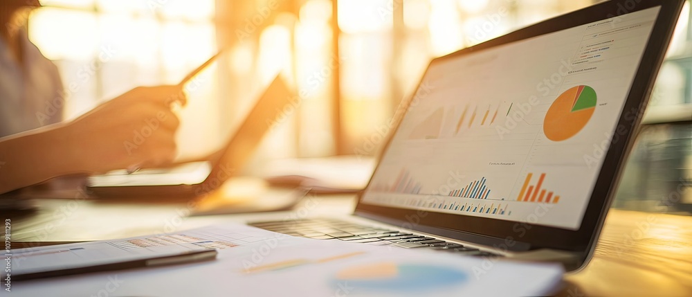 Poster business professional analyzing data on a laptop with colorful graphs and charts, working in a moder