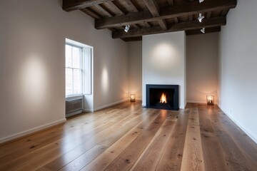 Fototapeta premium Minimalist Art Gallery with Polished Oak Floors High Ceilings Cozy Fireplace and Ambient Lighting