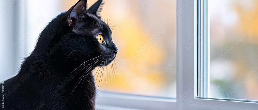 Aufkleber sleek black cat with bright eyes gazes out sunlit window, creating serene and contemplative scene. c