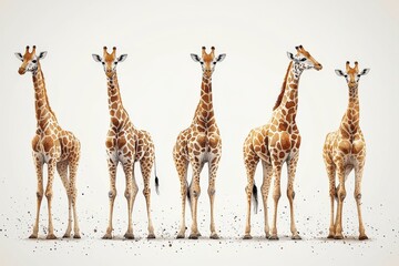 Five giraffes standing in a row against a light background.