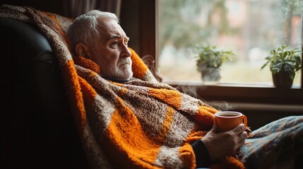 Elderly Man in Cozy Recliner Gazing Thoughtfully Through Window Warm Blanket and Cup of Tea