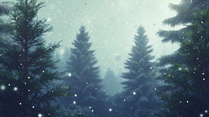 A scenic background of a winter forest with tall, snow-covered pine trees and gentle snowfall. The background is softly blurred to create depth, with delicate snowflakes visible in the foreground