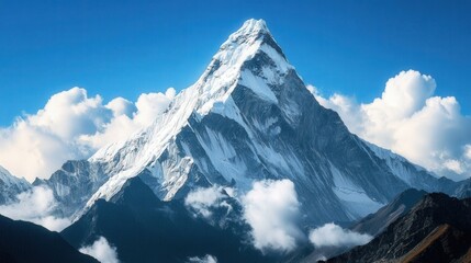 Majestic snow-capped mountain peak against a clear blue sky