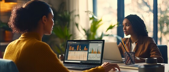 Collaborative workspace with two women discussing business strategies over laptops, surrounded by greenery and modern decor, showcasing teamwork and productivity.