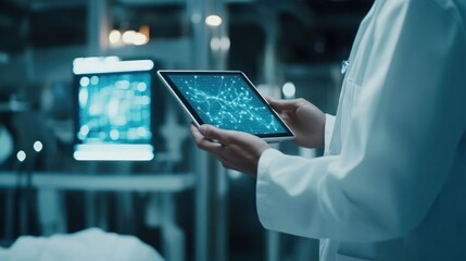A doctor examines data on a tablet in a modern medical facility.