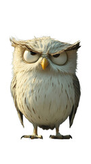 A small brown owl with bright yellow eyes stands isolated on a white background