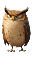 Cute brown owl cartoon with big eyes, perched on a branch, isolated on white background
