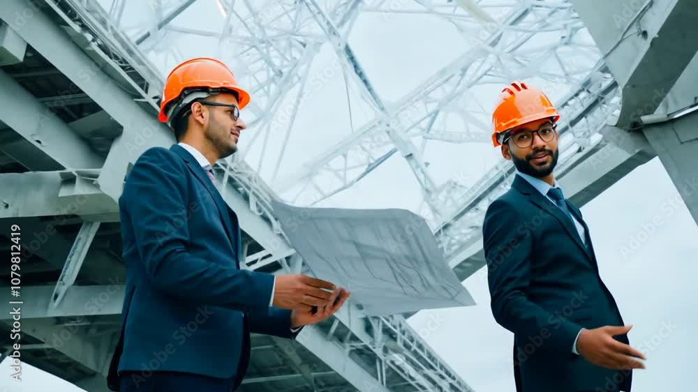 Aufkleber two male engineers discussing project quality at a construction site generative ai