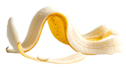 Peeled ripe banana isolated on white background, a healthy tropical fruit snack