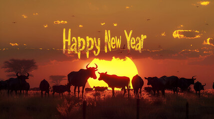 Naklejka premium African savannah sunset with Happy New Year in earthy 3D text animals silhouetted against a golden sky natural