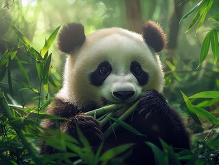 Fototapeta premium Peaceful Panda Munching on Bamboo in Lush Forest with Sunlight Filtering Through Leaves