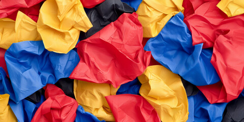 Crumpled plastic waste in vibrant colors of red, yellow, blue, and black