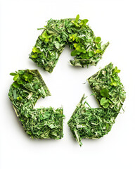 Recyclable symbol made from shredded banknotes and greenery, eco friendly design