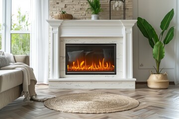 White stone electric fireplace with modern design and realistic flames, integrated firebox for warmth and visual appeal, perfect for living room or bedroom.