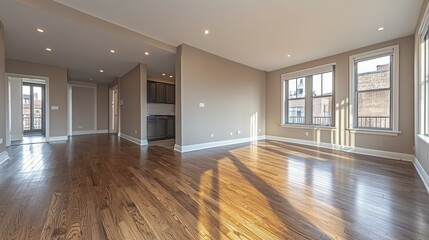 Fototapeta premium Spacious living room with hardwood floors, large windows, and natural light.