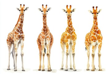 Four giraffes standing side by side, showcasing their unique patterns and heights.