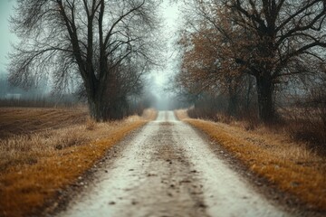 A gravel road winds through a foggy autumn forest.