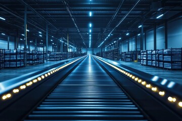 Obraz premium Automated warehouse conveyor system transporting goods in a modern logistics facility