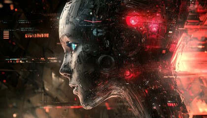 AI Evolution Human and Technology. Cybernetic Mind Portrait. Neural Network Human Profile. Tech background