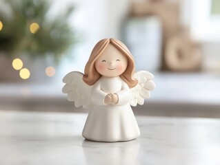 Smiling angel figurine with wings and halo on a reflective surface