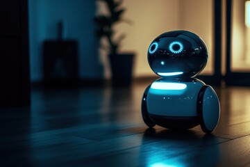 Futuristic robot with glowing blue eyes in a dark room