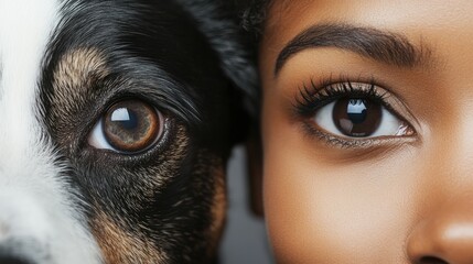 Close-up portrait of a dog and a woman. Half the dog's face and half the owner's face. Pets concept