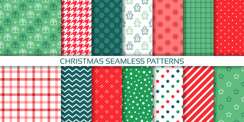 Christmas wrapping background. Seamless pattern. Holiday Xmas gift wrap paper. Set green red wallpaper. Textures with present, stripes, zigzag, polka dot, checkered. Festive print. Vector illustration