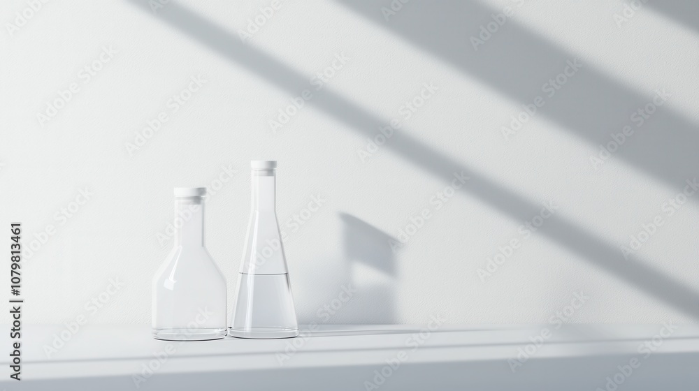 Poster explore the science behind a futuristic lab bench with glowing liquids in a minimalist setting