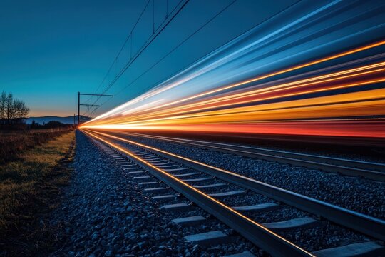 A high-speed train streaks across the countryside at dusk, leaving a colorful light trail.