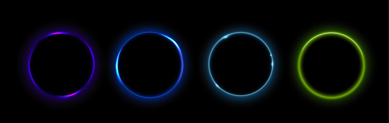 Moon or solar eclipse circles set isolated on black background. Vector realistic illustration of neon color round frames glowing and shining in dark space, planet edge lines, magic game ui borders