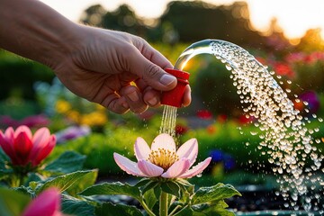 Hand Nurturing Blossoming Flower with Water in Vibrant Garden at Dawn