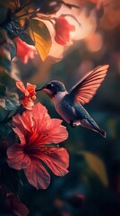 Hummingbird Sipping Nectar from Vibrant Red Flower Mesmerizing Moment of Nature s Harmony