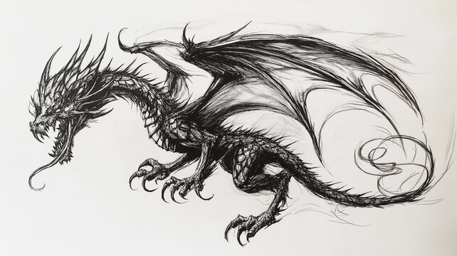 recommend clip art: A black and white sketch of a dragon, drawn with detailed lines on a plain white canvas