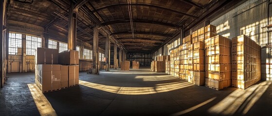 Vast warehouse interior filled with stacks of cardboard boxes