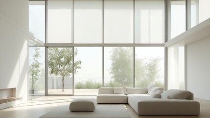 Fototapeta premium Bright minimalist family room, comfortable seating, soft color palette, large windows, clean and open design