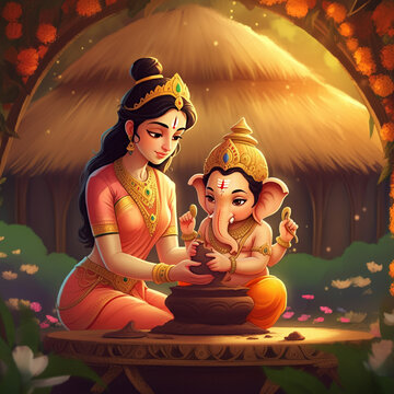 Goddess Parvati lovingly attending to young Lord Ganesha, symbolizing maternal affection, care, and divine family bonding