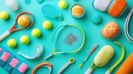Vibrant sports equipment and accessories on a teal background