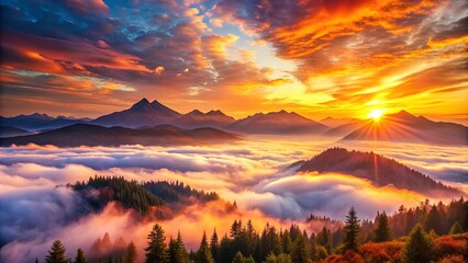 Obraz premium Golden Hour Serenity Misty Mountain Peaks Bathed in the Warm Glow of a Rising Sun
