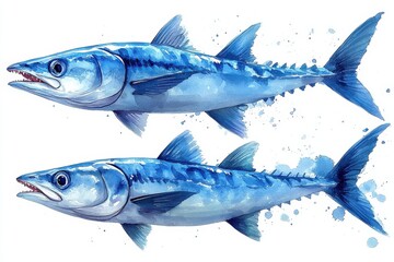 Fototapeta premium Watercolor Painting of Two Blue Fish with Open Mouths