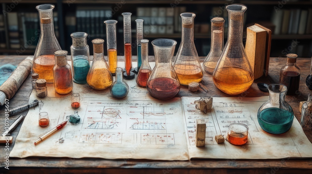 Poster laboratory setup with various glassware and colorful liquids.