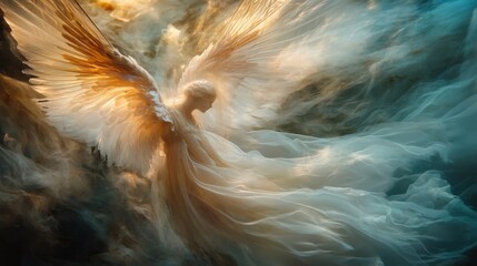 Naklejka premium Majestic angel figure with ethereal wings emerging from dramatic clouds