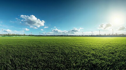 A Lush Green Soccer Field with a Bright Blue Sky and White Clouds