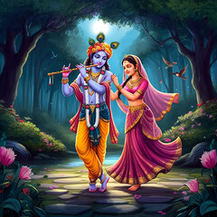 Lord Krishna and Radha walking together in a moonlit forest, symbolizing their divine love, harmony, and joy in a serene natural setting