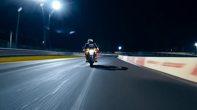 Rider on a Sports Bike at Night Under Bright Lights Generative AI