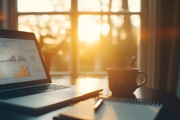 Cozy workspace with laptop displaying charts, notebook, and coffee cup, illuminated by warm sunlight streaming through a window at sunset.