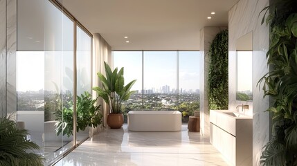 Bright and airy bathroom with open layout, floor-to-ceiling windows, large indoor plants, and soft white tiles 