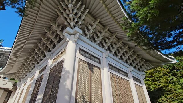 Cheong Wa Dae (Blue House) Pavilion Public Park In Jongno District, Seoul, South Korea. Low Angle Gimbal Shot