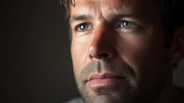 Intense gaze of a thoughtful man in the shadows